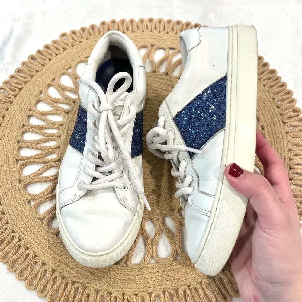 Tory Burch Carter Glitter Sneaker Women's Size 7M Lace Up White Blue